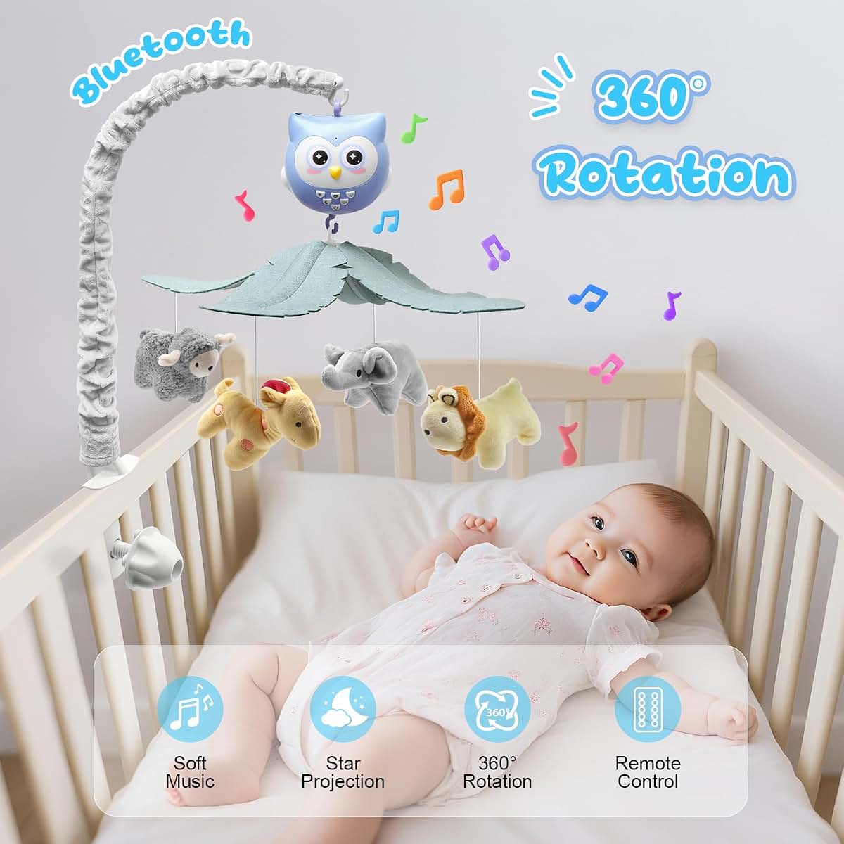 Ecoker Baby Crib Mobile with Music Lights Star Projector and Remote Control