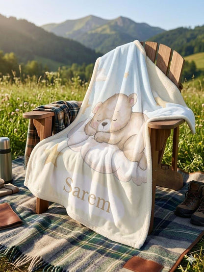 EcoAbu Personalized Baby Blanket with Name, Sleeping Bear Plush Fleece Throw 50x60, Custom Newborn Gift, Soft Nursery