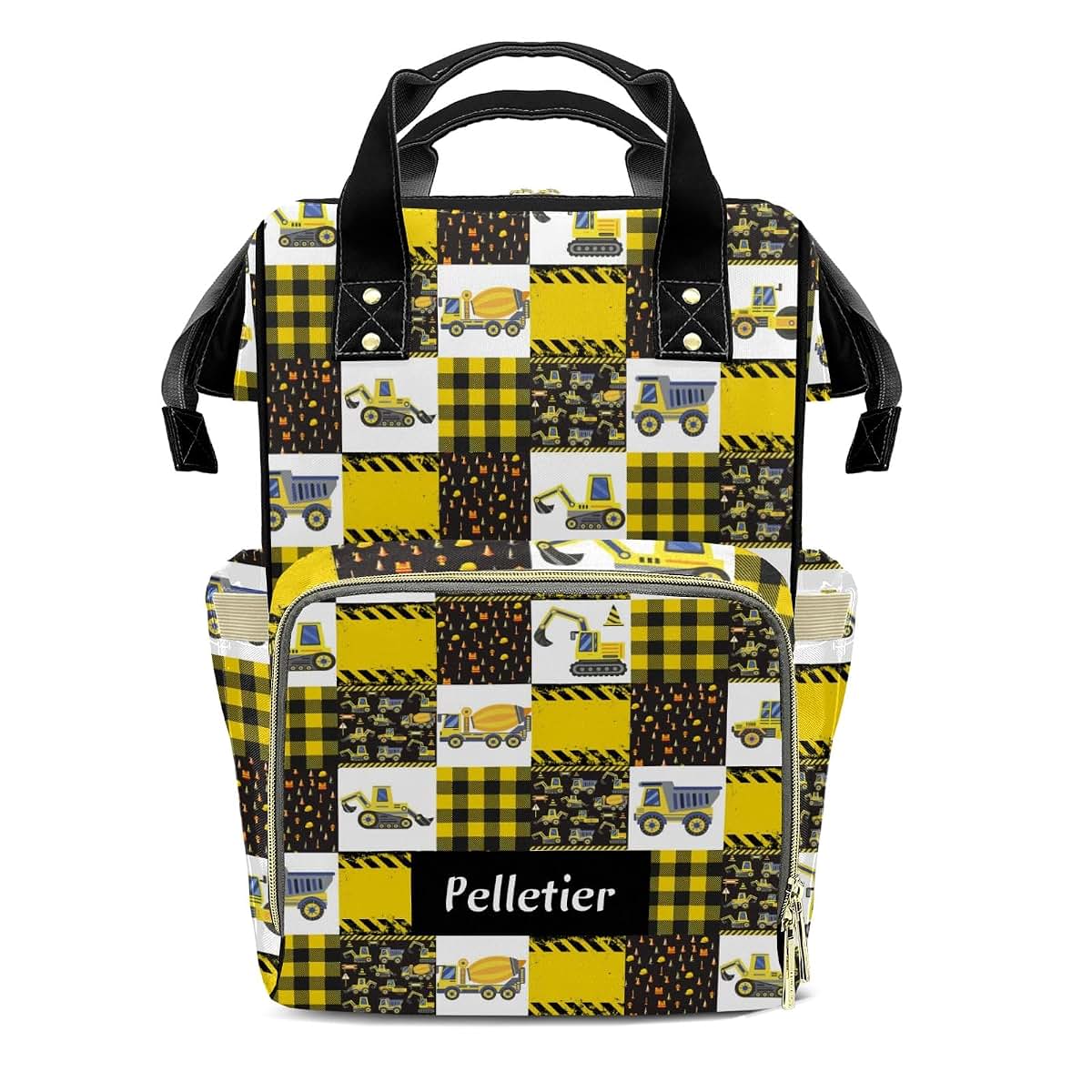 LiSoAkWE Traffic Car Patchwork Yellow Personalized Diaper Bag Backpack with Name,Customized Nappy Backpack for Baby