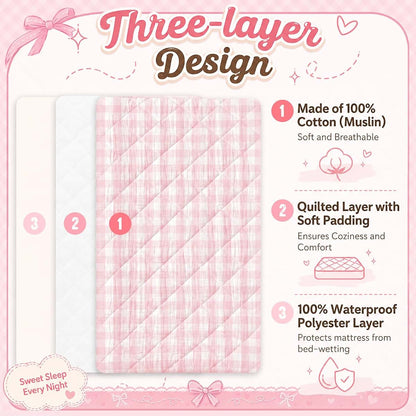Chicplaid 2 Pack 32"x16" Pink Gingham Quilted Muslin Changing Pad Covers (photo 3)