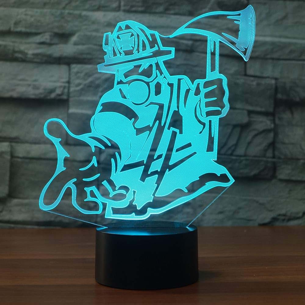 Jinnwell 3D Fire Fighter Fireman Night Light Lamp Illusion 7 Color Changing Touch Switch Table Desk Decoration Lamps