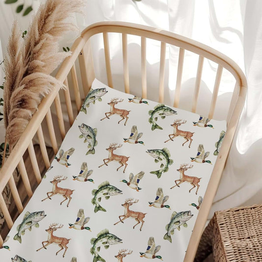 Wicbfdfv Vintage Deer Mallard Duck Fish Fitted Baby Crib Sheet for Standard Mattresses