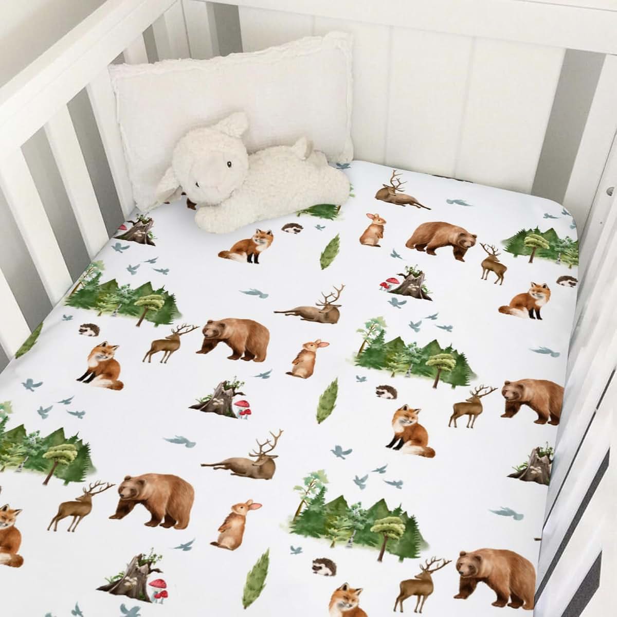 Cute Animals Green Trees Fitted Crib Sheet 28'' X 52'' Stretchy Fabric