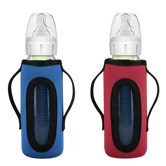 Beautyflier Glass Baby Bottle Sleeve Covers for Dr. Brown's 8 oz Narrow Bottles, 2-Pack with Dual Grips, Red and Blue