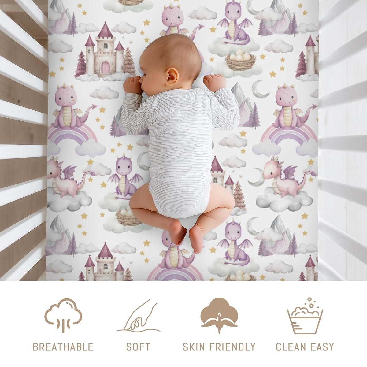 Selgkds Pink Baby Dragons Crib Sheets for Boy Girl Fairytale Dragon Castle Trees Moon Rainbow Soft Stretchy Fitted Crib (photo 3)