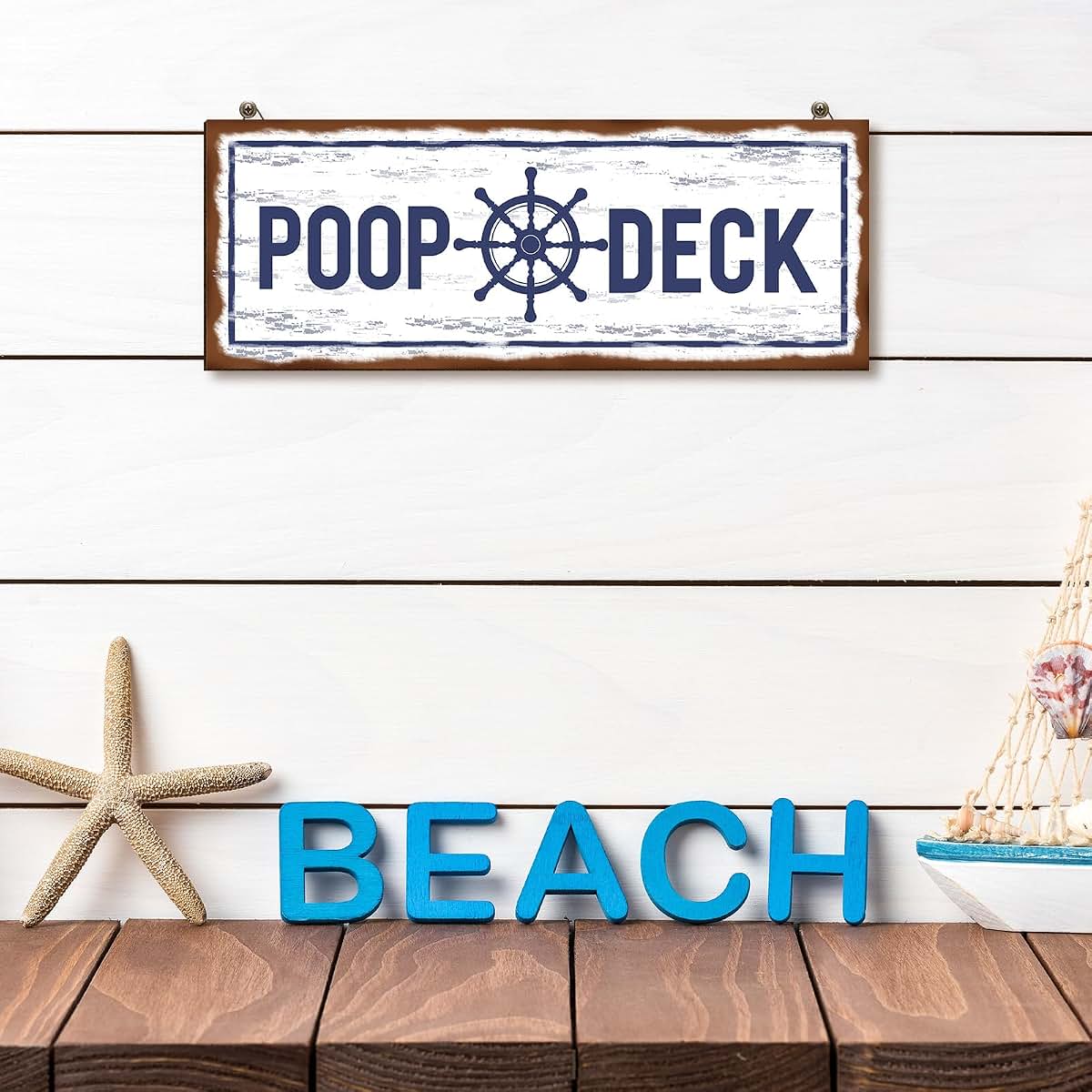Jetec Poop Deck Nautical Bathroom Wall Decor Wood Hanging Sign, 15.7 x 5.9 Inch