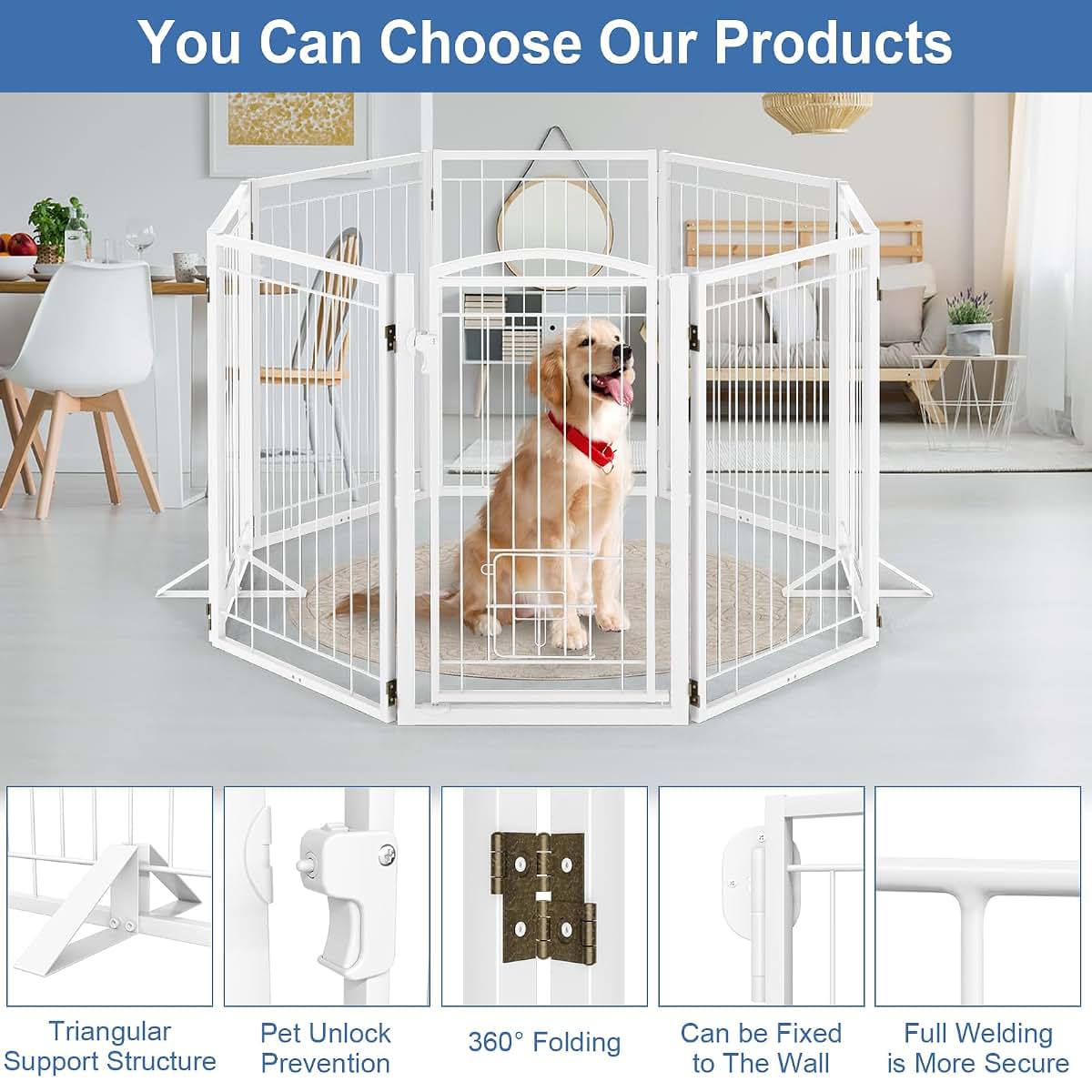 Klarana Full Metal Freestanding Dog Gate With Cat Door, 32" Tall, 160" Wide, White