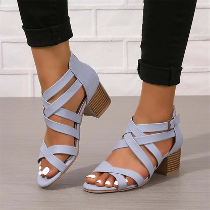 Women Chunky Heeled Sandals with Block Heel and Criss Cross Straps
