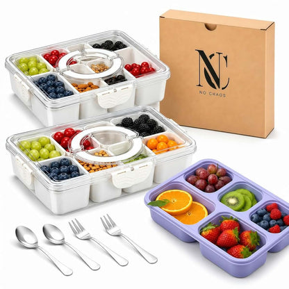 No Chaos 2 Pack Snackle Box Container, 8-Compartment Divided Serving Tray with Clear Lid, 5-Compartment Meal Prep
