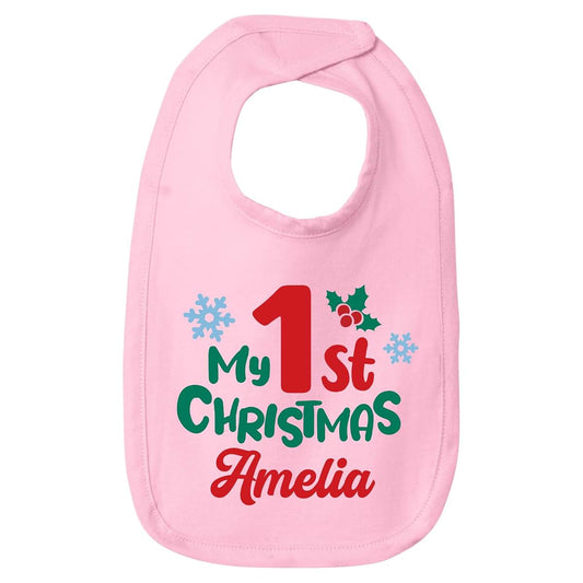Smiling Jindo Personalized My 1st Christmas Baby Bib with Custom Name – Premium Jersey Bib for Newborn & Infant