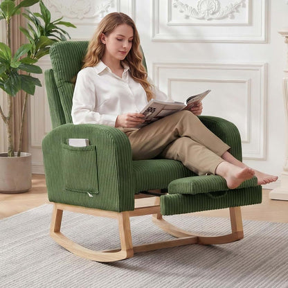 Glider Rocker Chair with Adjustable Footrest Side Pocket for Nursery Living Room