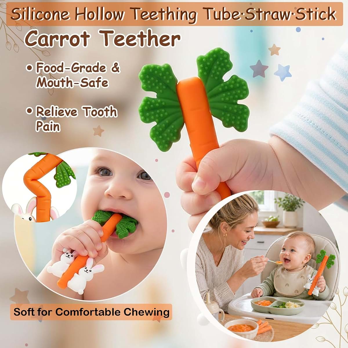 Wovinda Silicone Carrot Rabbit Hollow Teething Tubes, Sensory Chew Toy for Babies 3+ Months