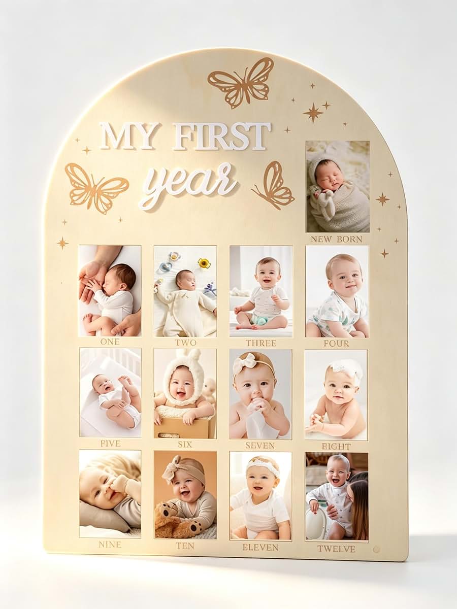 DegoCython My First Year Photo Frame, Wooden Milestone Keepsake with Pre-marked 12 Monthly Infant Development Picture
