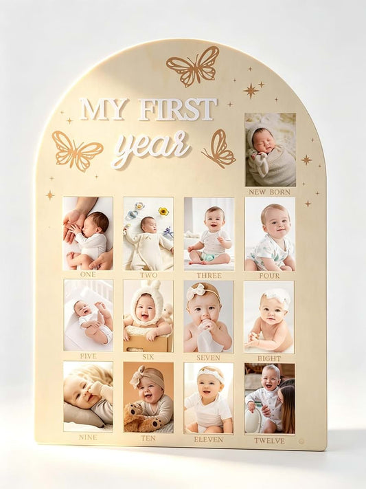 DegoCython My First Year Photo Frame, Wooden Milestone Keepsake with Pre-marked 12 Monthly Infant Development Picture
