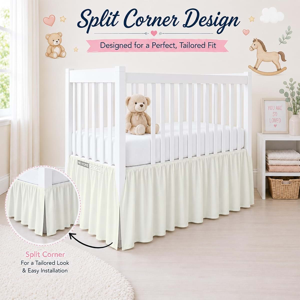 MD Home Decore Crib Bed Skirt Dust Ruffle with Split Corners Cotton, 14" Drop, Ivory (photo 2)