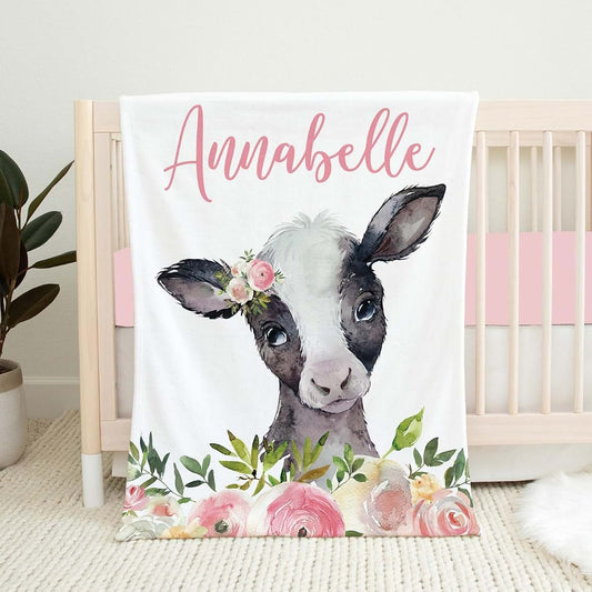 UnoCo Cow Blanket, Personalized Floral Throw, Girl Nursery, Crib Bedding, Gift