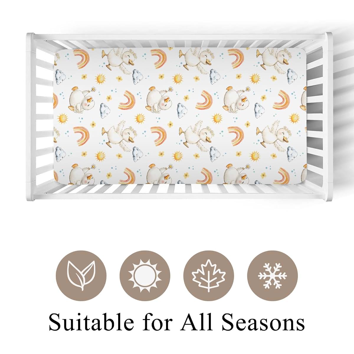 Cute Duck Rainbow Floral Sun Fitted Crib Sheet 28x52 Inch Standard Crib and Toddler Mattress