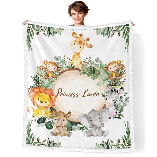 NZOOHY Jungle Animals Leaves Personalized Sherpa Baby Blankets for Boys Girls,Soft Newborn Naps Custom Name Blanket for