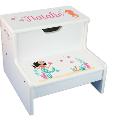 My Bambino Personalized African American Mermaid Princess White Childrens Step Stool with Storage | Birthday Gift for