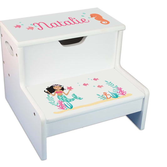 My Bambino Personalized African American Mermaid Princess White Childrens Step Stool with Storage | Birthday Gift for