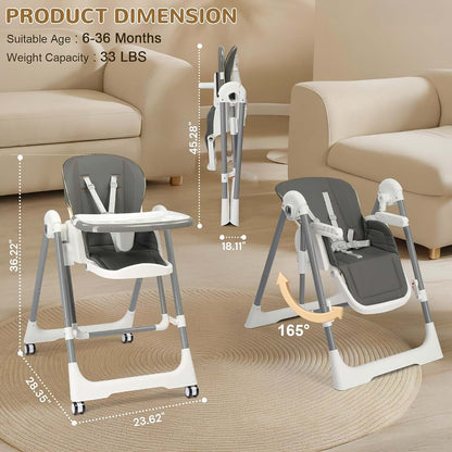 Folding Baby High Chair with Adjustable Height and Safety Harness