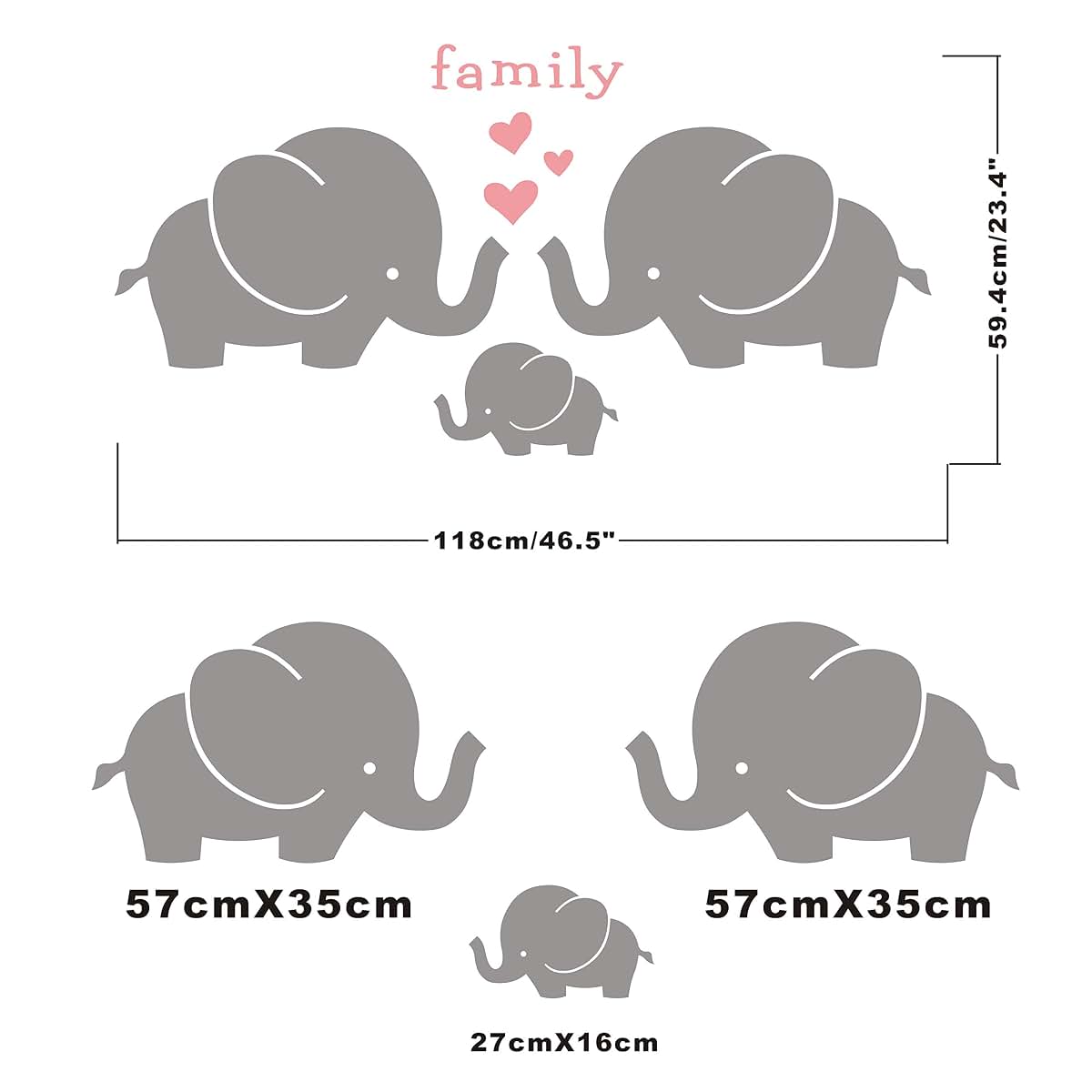 GESTYZ Elephant Family Wall Decal Vinyl Wall Stickers Gray Soft Pink (photo 4)