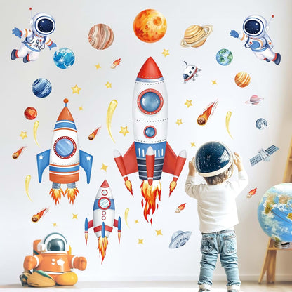 wondever Outer Space Rockets Wall Decals Planets Astronaut Wall Stickers (photo 3)