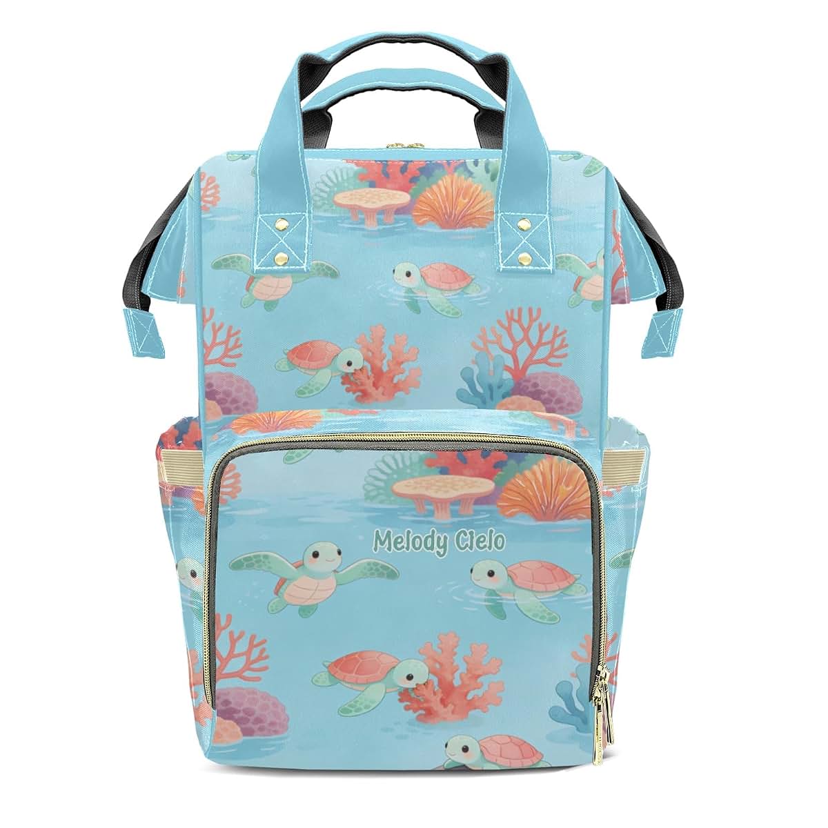 YallLocoMo Custom Diaper Bag Backpack, Cartoon Turtle Coral Print