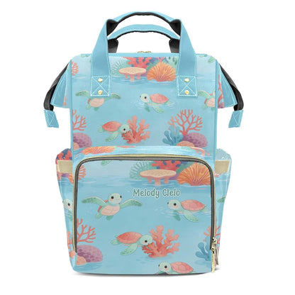 YallLocoMo Custom Diaper Bag Backpack, Cartoon Turtle Coral Print
