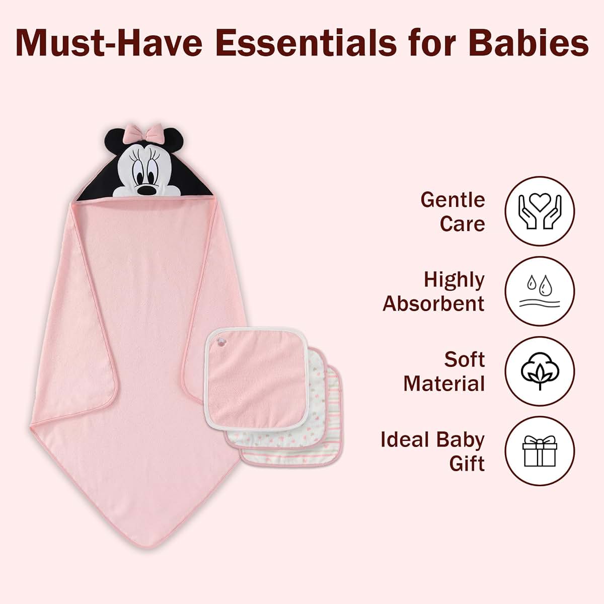 Minnie Mouse Hooded Bath Towel Set for Newborns and Infants