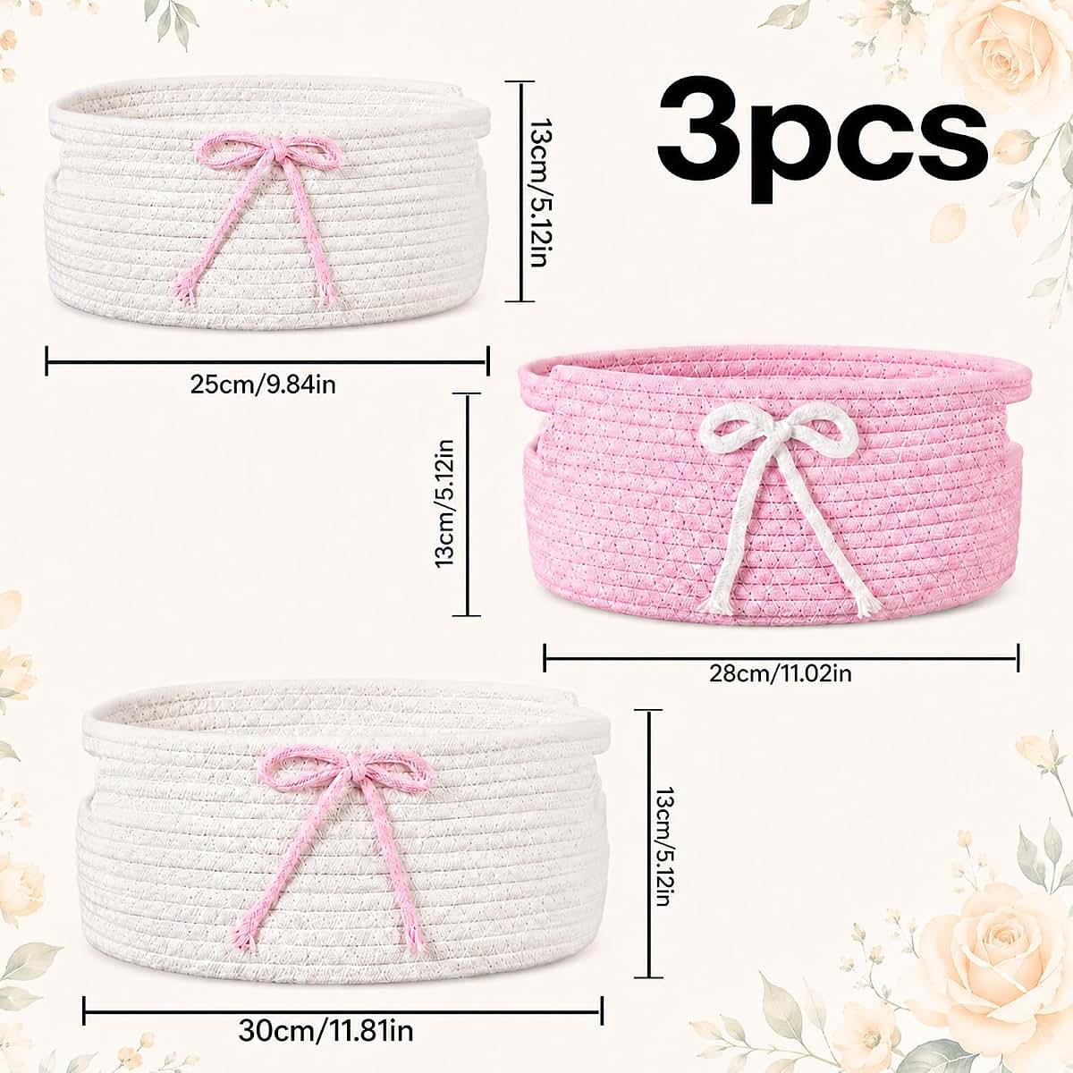Yamenmeng 3 Pcs Cute Bow Storage Basket,Woven Storage Baskets with Handle,Store Clothes, Gifts, Toys, and (photo 2)