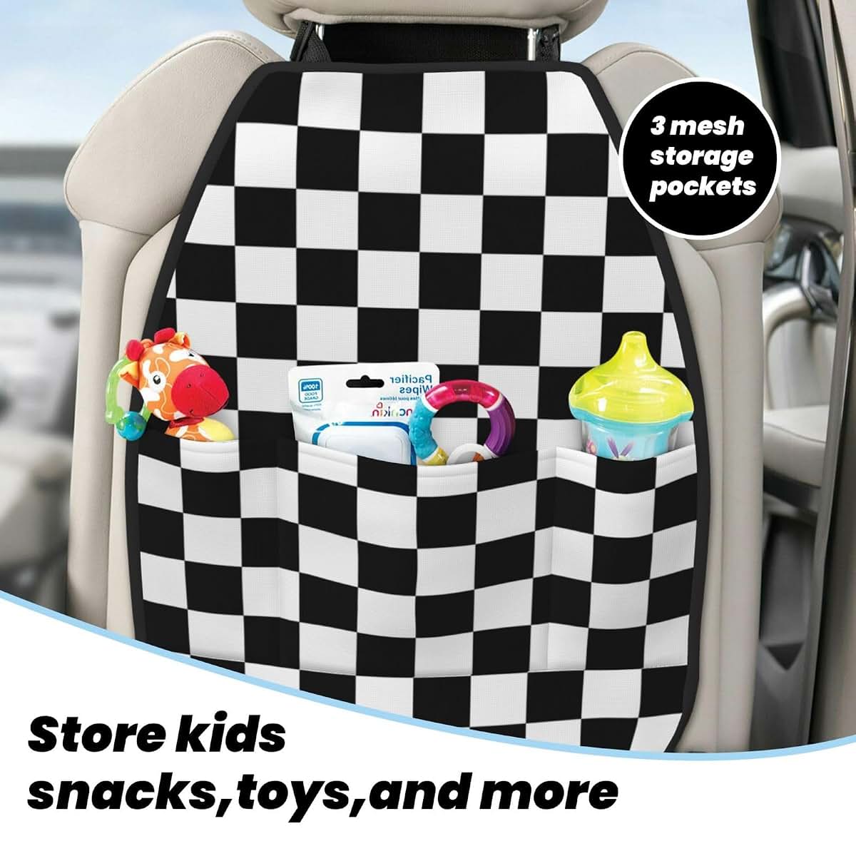 WFTTFOU Black White Checkered Car Seat Back Kick Protectors,2 Pack Kick Mats with Storage Pockets,Car Accessorise, A-100 (photo 4)