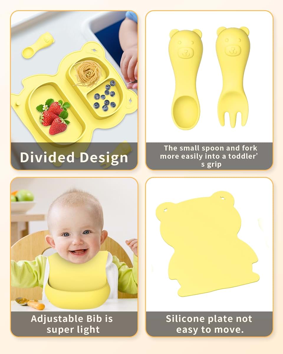 Cusvuevi Silicone Baby Feeding Set Foldable, Portable Baby Led Weaning Supplies With 1 Pack Divided Plate, Bib, Spoon (photo 4)