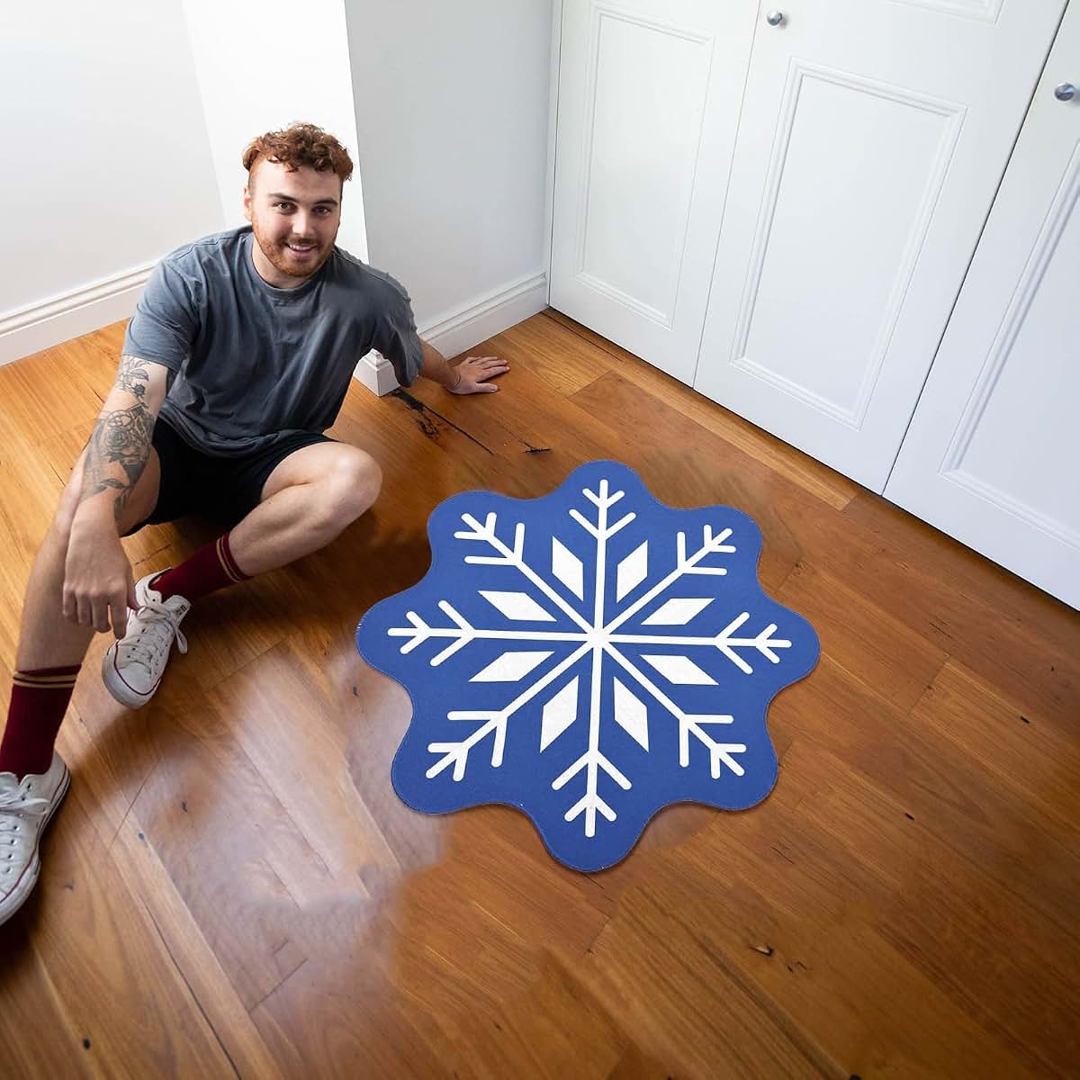 Kelinfong Christmas Snowflake Bathroom Rug, Blue Square Plush Bath Mat