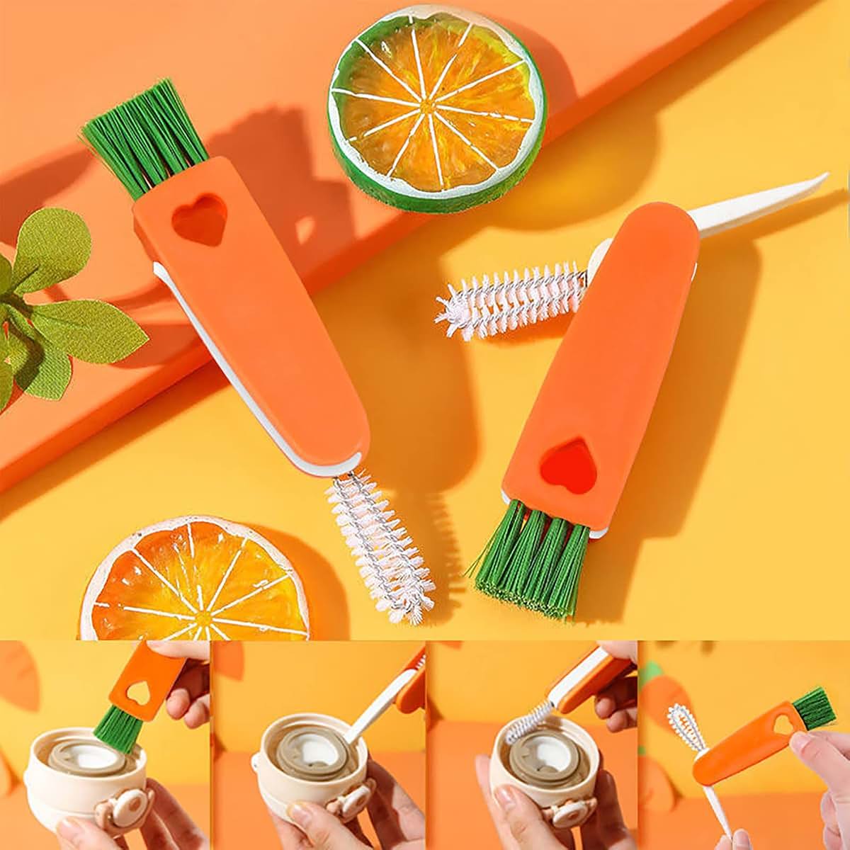 BabyOneStop 3-in-1 Tiny Cleaning Brush, Carrot Shape Cup Lid Cleaner for Bottles, Cups, and Travel