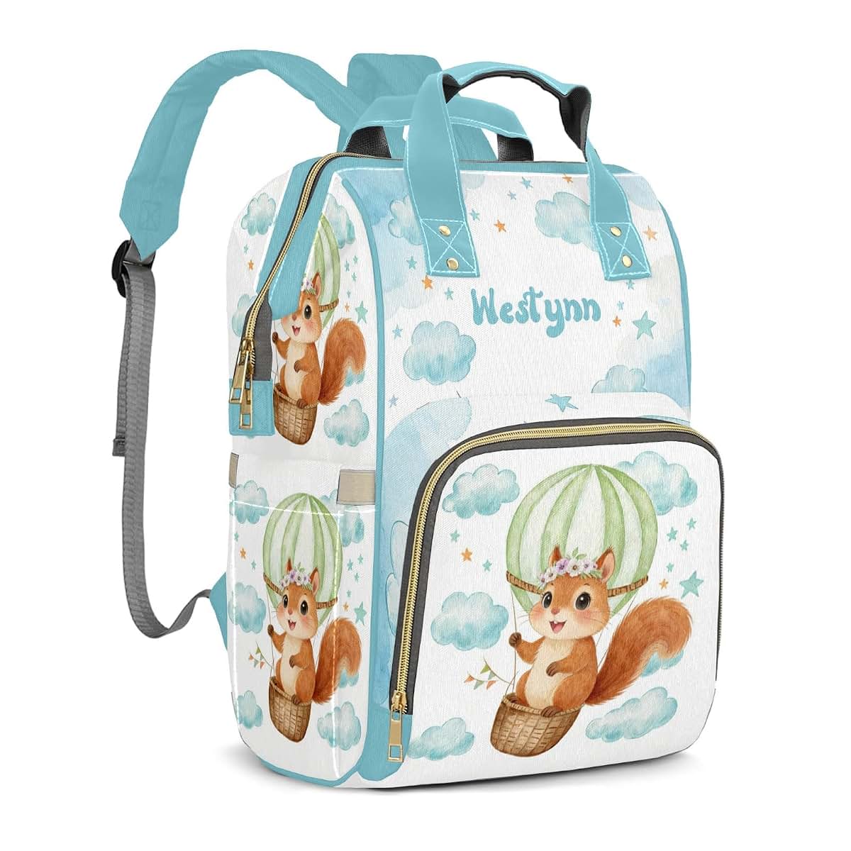 YallLocoMo Personalized Diaper Bag Backpack Name Watercolor Cartoon Cloud Squirrel Clear Up Clutter: Big Capacity (photo 2)