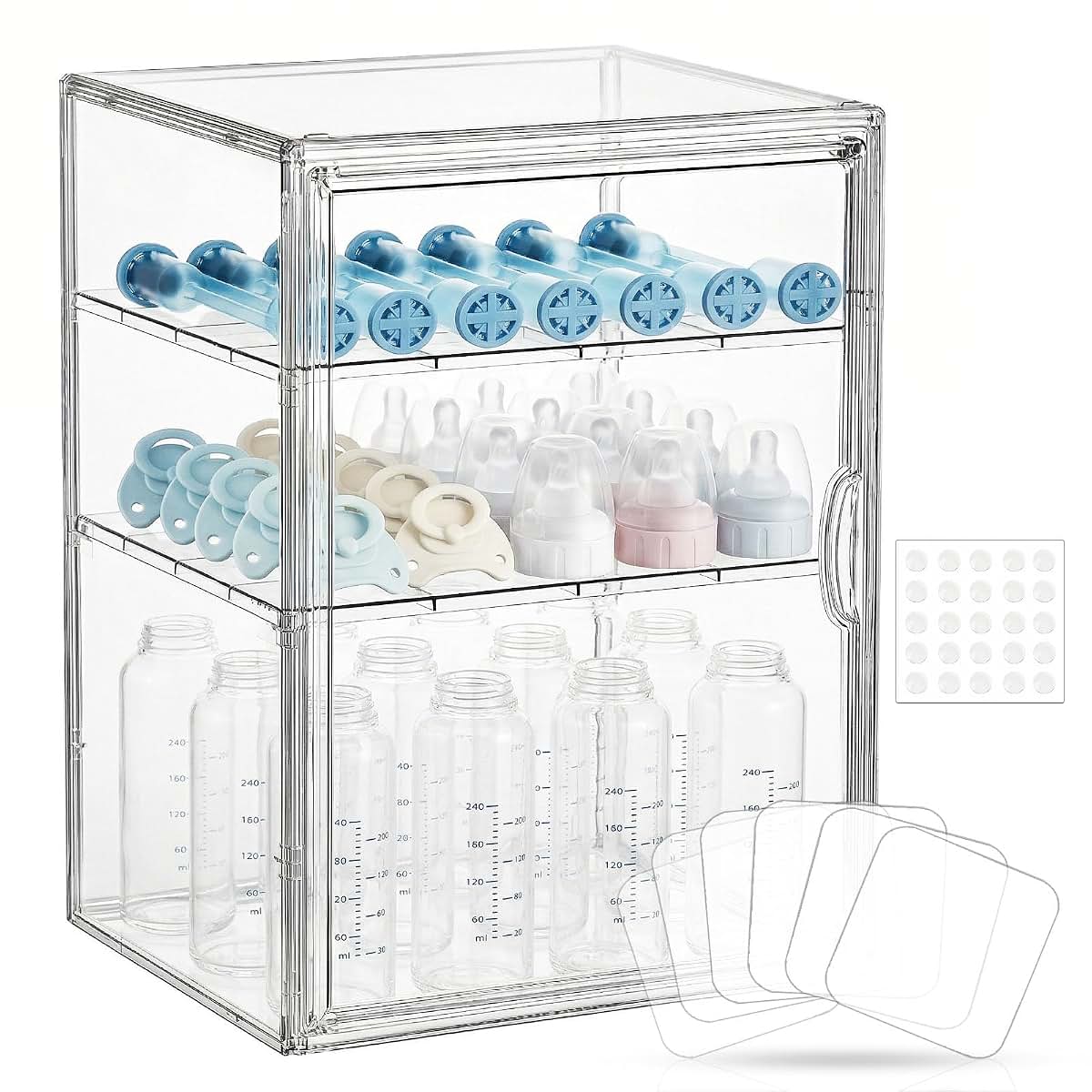 KitHero Baby Bottle Organizer X-Large Adhesive Wall-Mount 3 Tier Adjustable Acrylic Storage