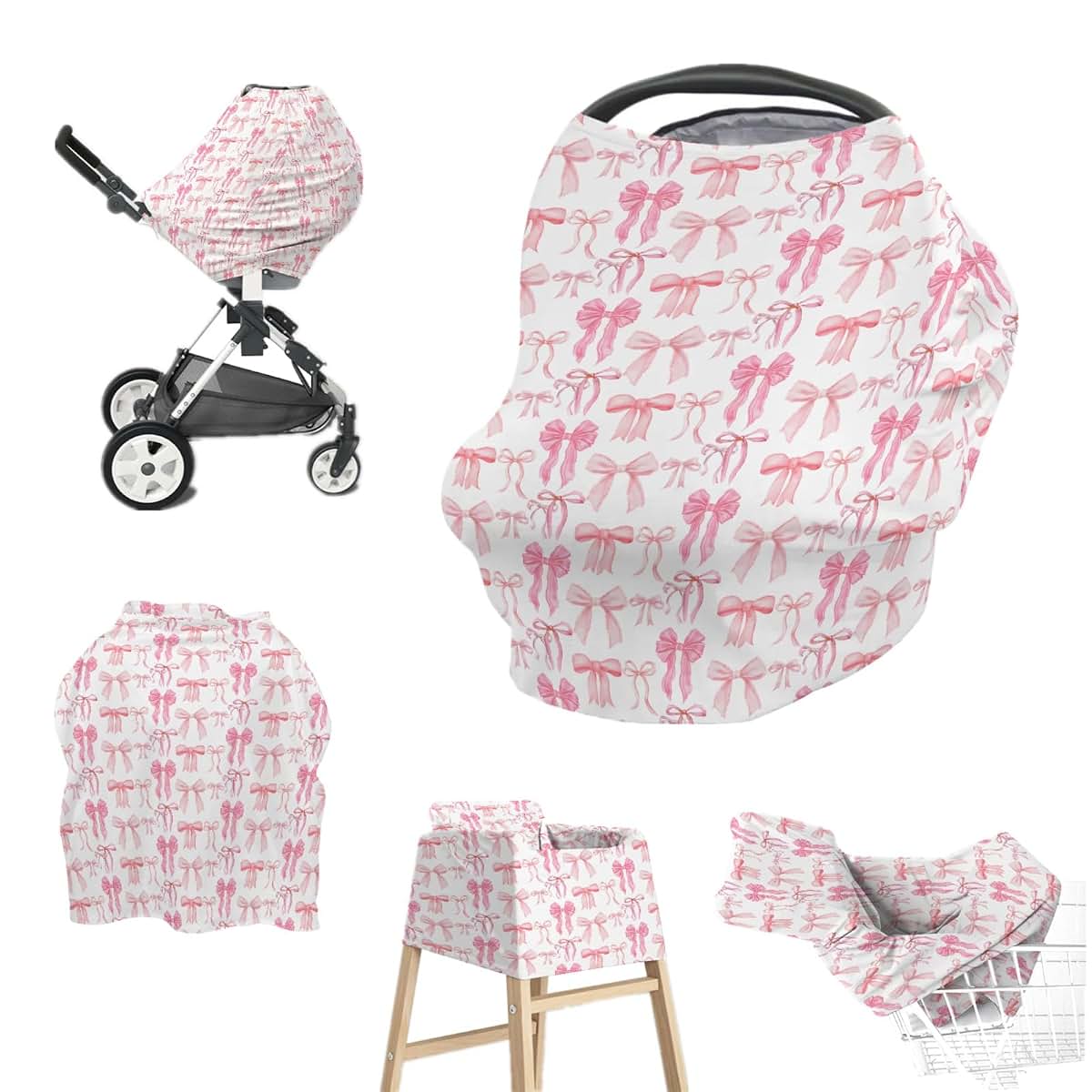 EyMzcod Baby 5-in-1 Car Seat Cover, Watercolor Pink Bows, Multi-Use Nursing & Stroller Canopy