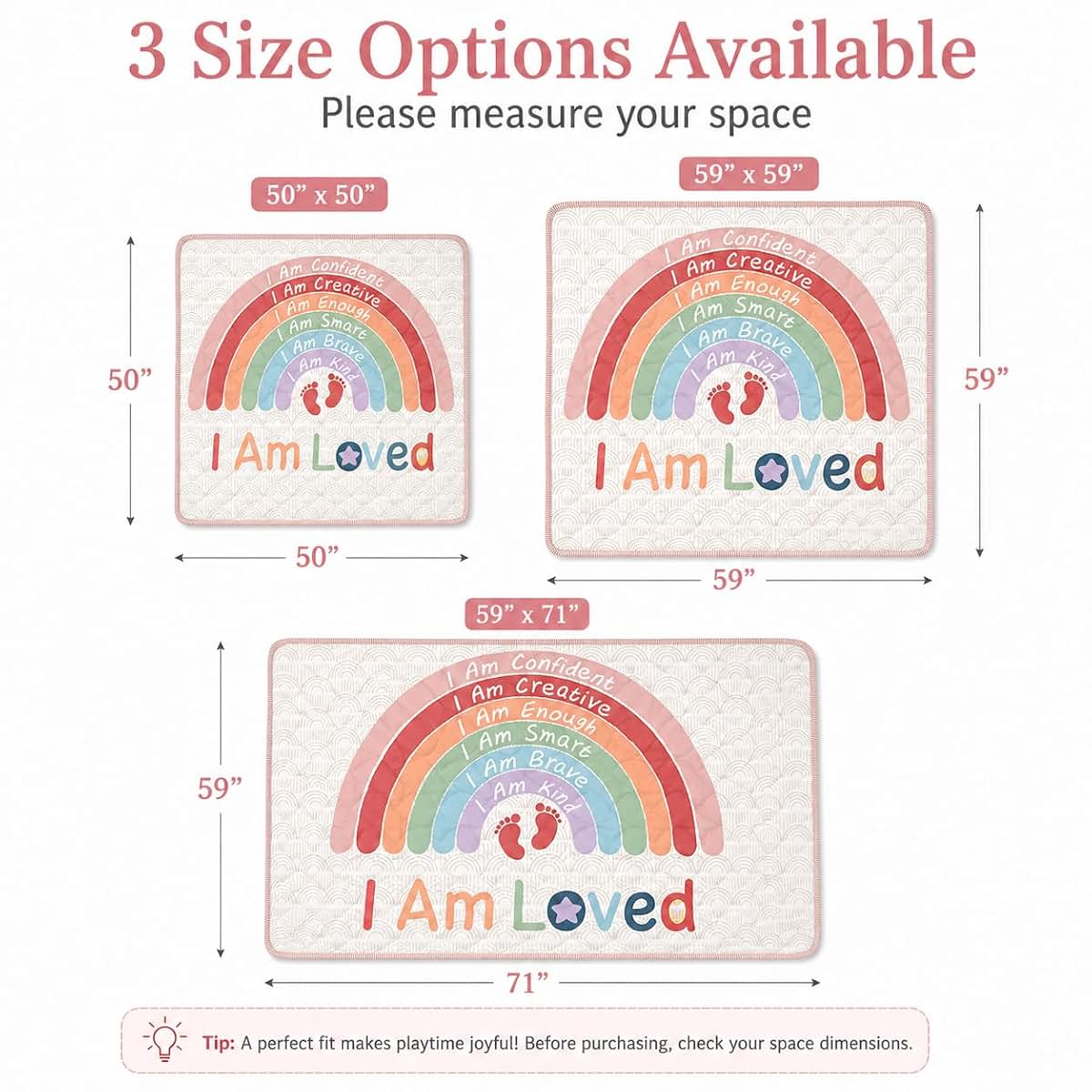 Baby Play Mat for Floor - 50x50 Foldable Washable Rainbow Design