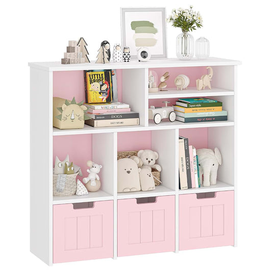 Jojoka Kids Toy Storage Organizer with Movable Drawers, 2-Tier Children Bookshelf Cabinet with Hidden Wheels,White and