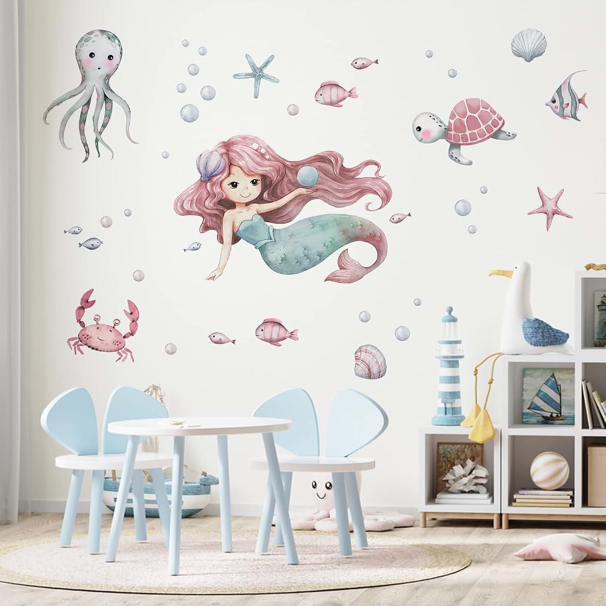 Mfault Mermaid Under The Sea Wall Decals Stickers for Nursery and Kids Room Decor