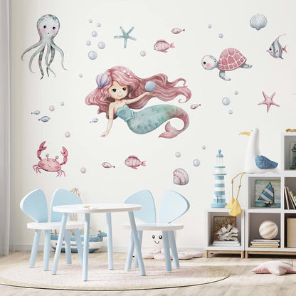 Mfault Mermaid Under The Sea Wall Decals Stickers for Nursery and Kids Room Decor