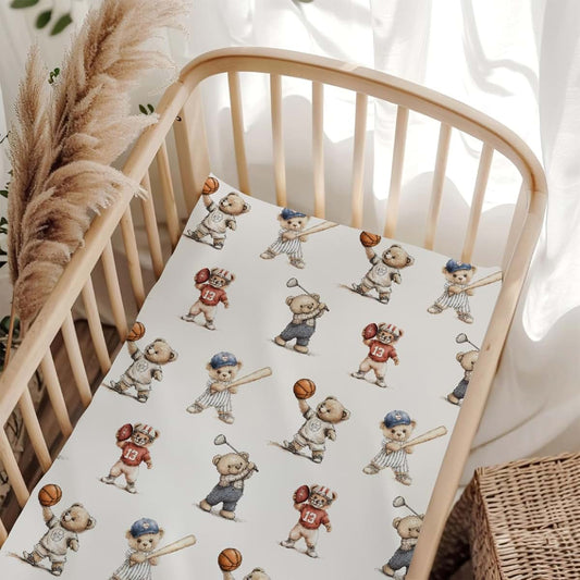Wicbfdfv Cute Sport Bears Golf Baseball Basketball Fitted Baby Crib Sheet for Boys Girls 28x52 Inch Sports Lover Gift