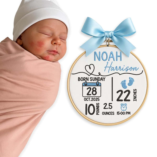 Chikky Personalized Baby Name Sign Newborn Baby Embroidery Hoop with Bows Welcome Baby Announcement Sign Baby Hospital