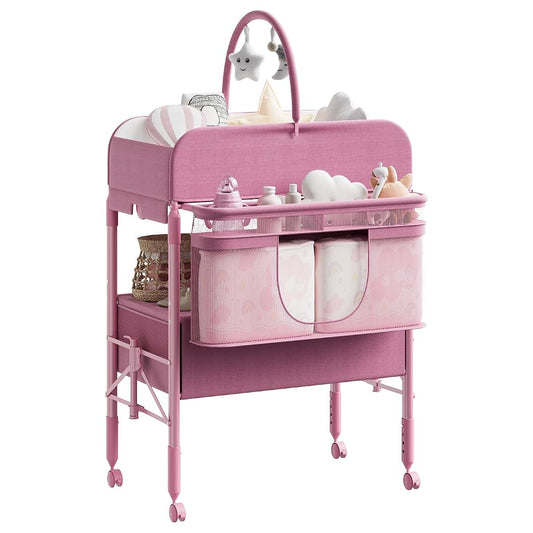 Jojoka Adjustable Height Baby Changing Table with Wheels, Collapsible Diaper Station with 2 Drawers & Storage, Mobile