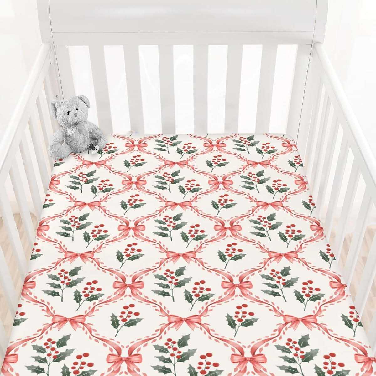Cstdyfrv Red Christmas Holly Bows Checkered Baby Boys Girls Crib Sheets Christmas Cherry Fir Leaves Plaid Baby Sheets (photo 2)