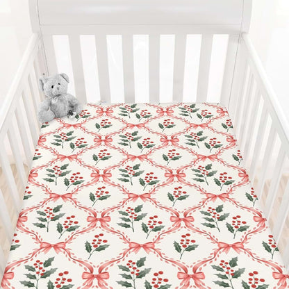 Cstdyfrv Red Christmas Holly Bows Checkered Baby Boys Girls Crib Sheets Christmas Cherry Fir Leaves Plaid Baby Sheets (photo 2)