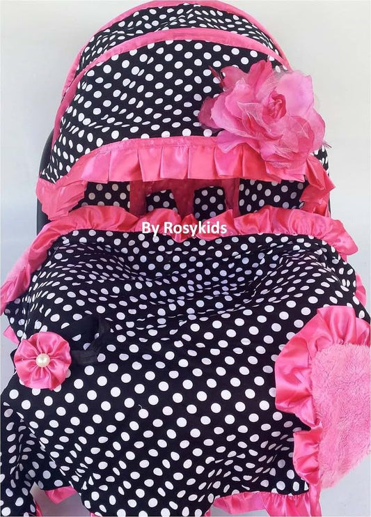 Rosy Kids Infant Car Seat Canopy Cover 4pc Whole Caboodle - Black Ground Polka Dot Hot Pink