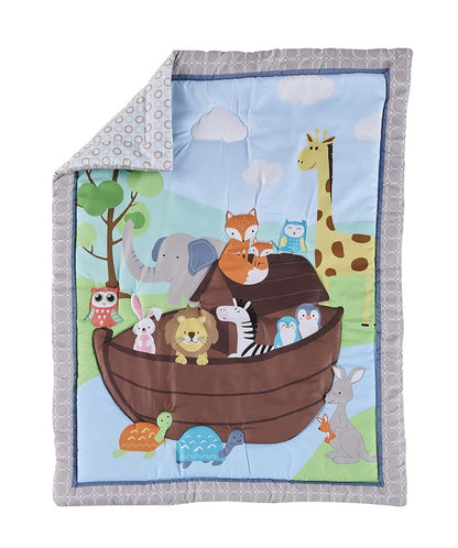 Crib Bedding Set | Noah's Ark Theme Blue Grey Animal Pattern