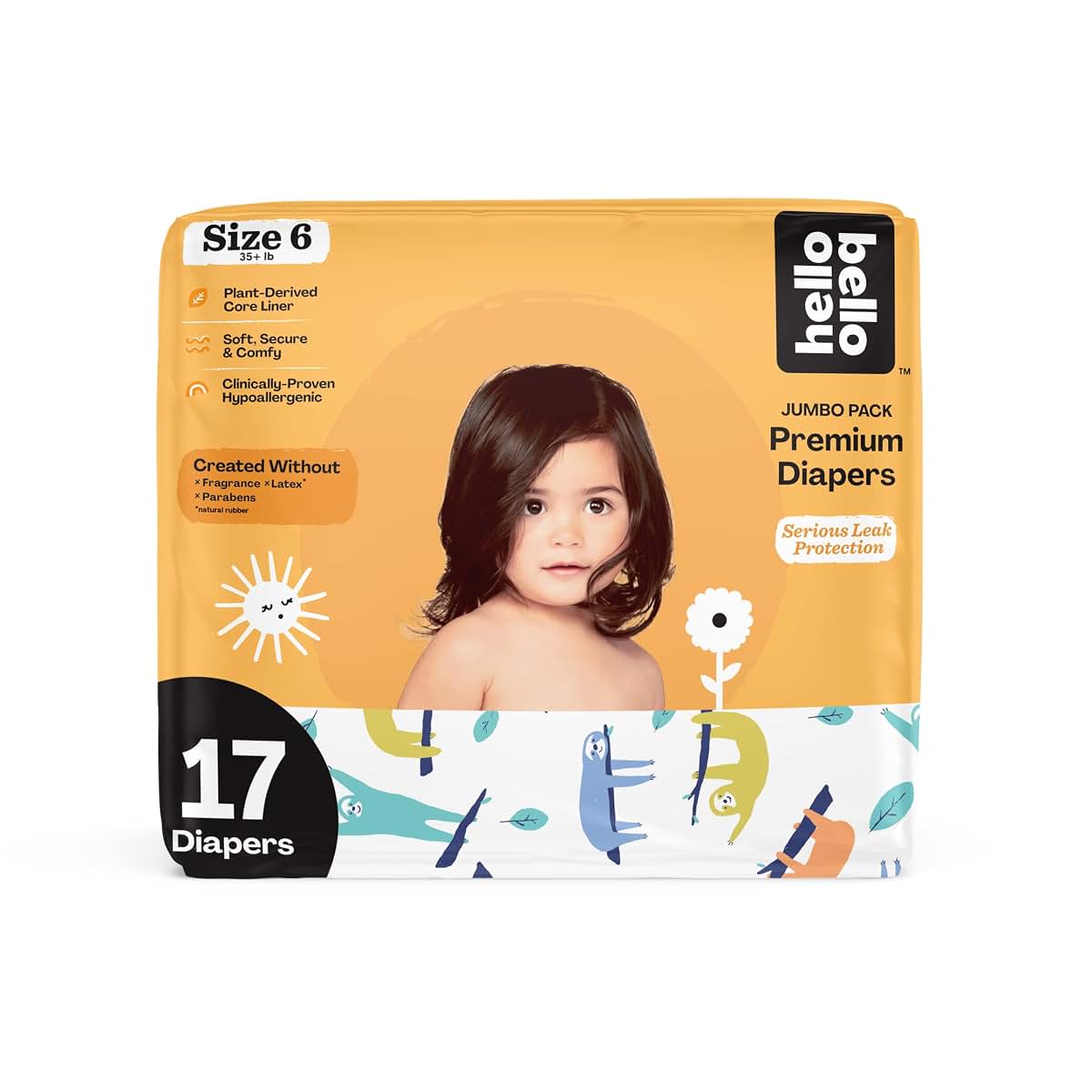 Hello Bello Premium Baby Diapers Size 6, 17 Count, Sleepy Sloth Design